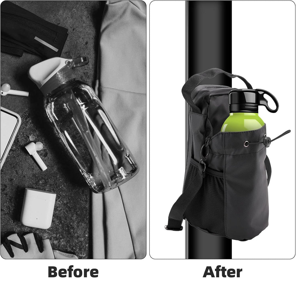 Before and after comparison of a water bottle in a pouch attached to a backpack.